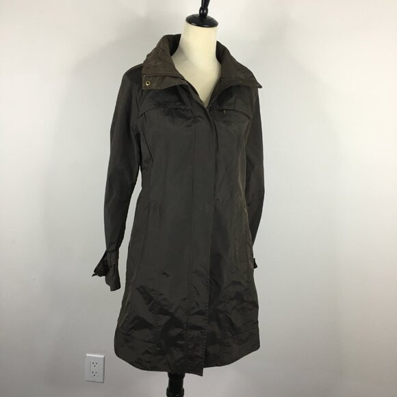 COLE HAAN Brown Tuck Away Hood Zip Pockets Raincoat Jacket - Picture 1 of 15